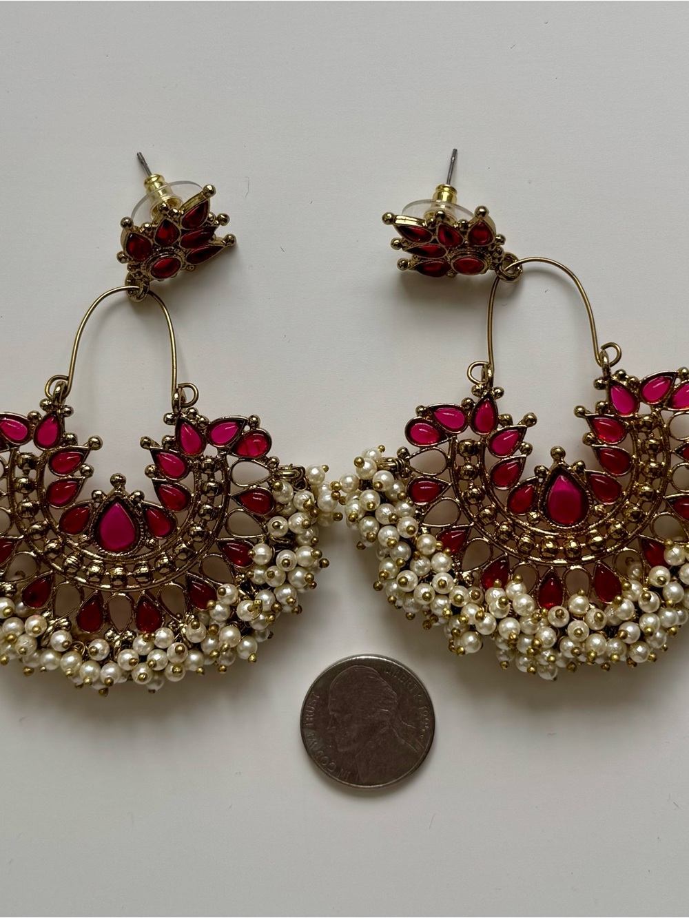 Gold-Tone Pink & Red Pearl Chandbali Earrings